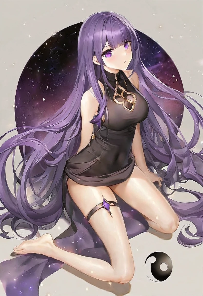 Athena，Extra long purple hair，Purple Eyes，Appearance is that of an adult female，Black one-piece dress，There are small purple and gold decorations，The long jumpsuit is very sexy，barefoot，A black hole in the background universe，Purple black hole