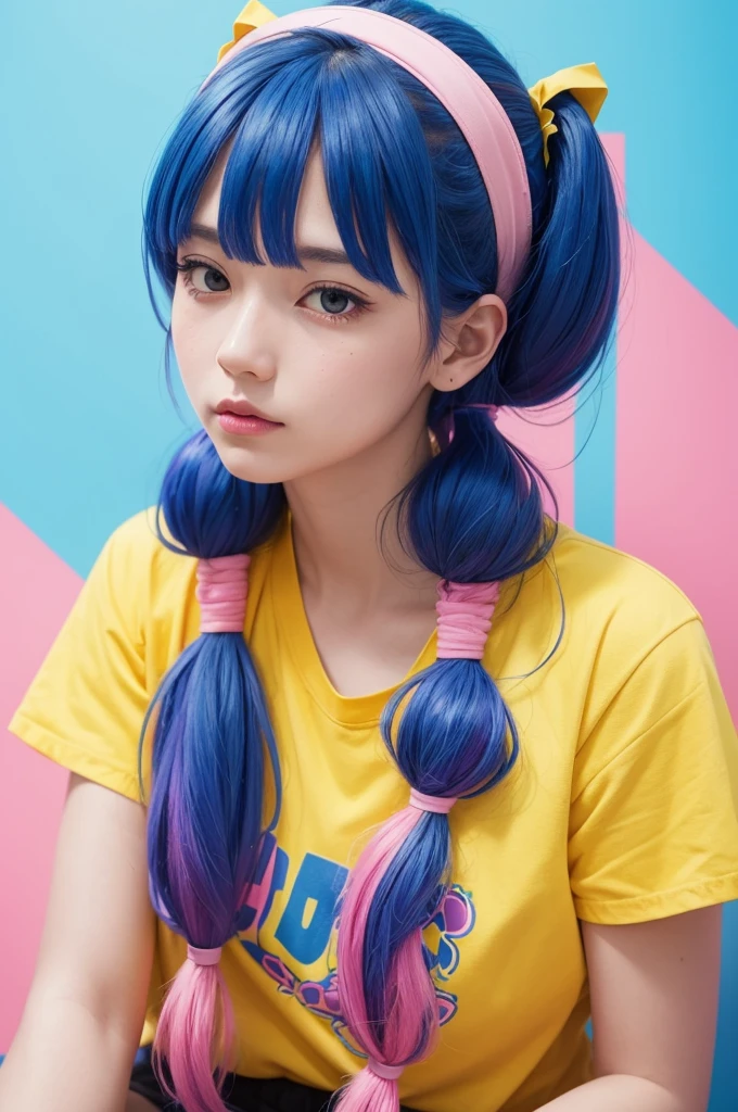 An image with a blue background mixed with yellow and pink and a drawing in front of a woman with very large pigtails