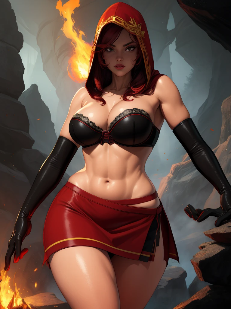 Dsorceress, redhair, shadowy face,dark cave, fire, hood, shadowed face, strapless bra, slim and athletic body, miniskirt, no panty, elbow gloves, dark skin, 1 girl (insanely detailed, masterpiece, best quality)
