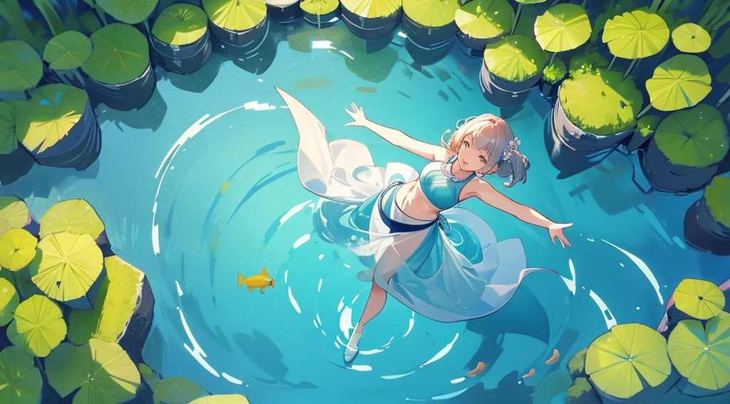 Woman walking on calm water, ((from above:1.5)), From above, Overlooking、Dancing Woman、Bottom Fish, Aquatic plants, Pool, Poolをを泳ぐ魚影
