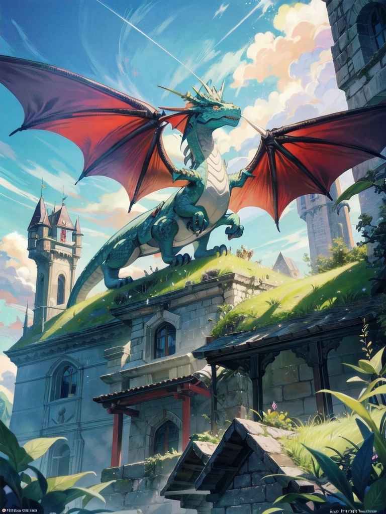 A majestic dragon soaring above a medieval castle nestled in a lush, green valley.
An eye-level view from the castle courtyard, looking up at the dragon in the sky.
Fantasy-themed, with detailed and intricate designs, vibrant colors, and a dramatic, epic feel.