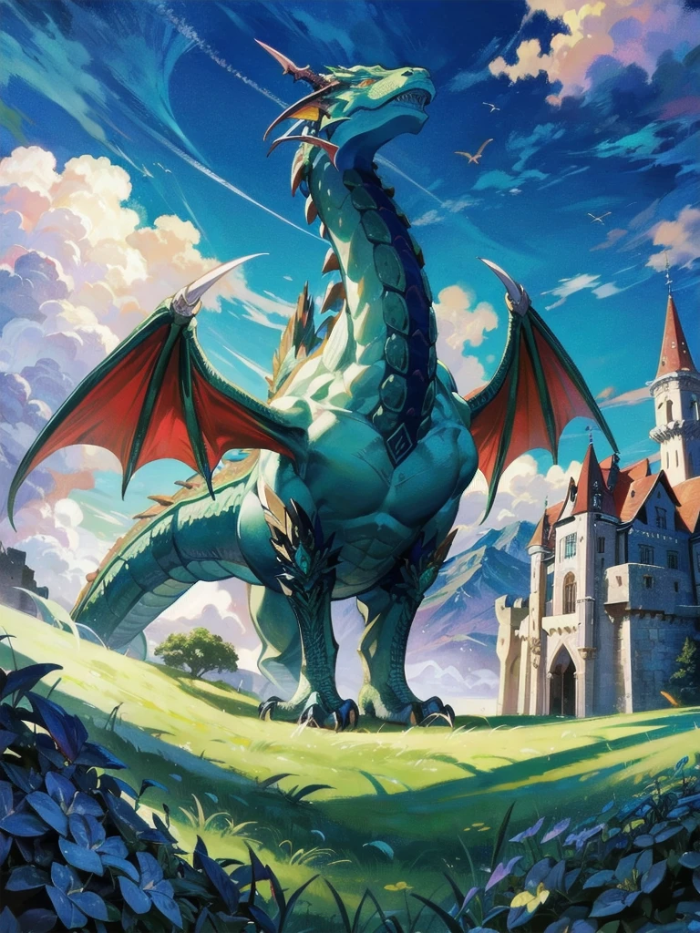 A majestic dragon soaring above a medieval castle nestled in a lush, green valley.
An eye-level view from the castle courtyard, looking up at the dragon in the sky.
Fantasy-themed, with detailed and intricate designs, vibrant colors, and a dramatic, epic feel.