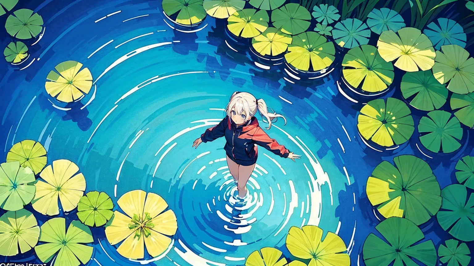 Woman walking on calm water, ((from above:1.5)), From above, Overlooking、Dancing Woman、Bottom Fish, Aquatic plants, Pool, Poolをを泳ぐ魚影