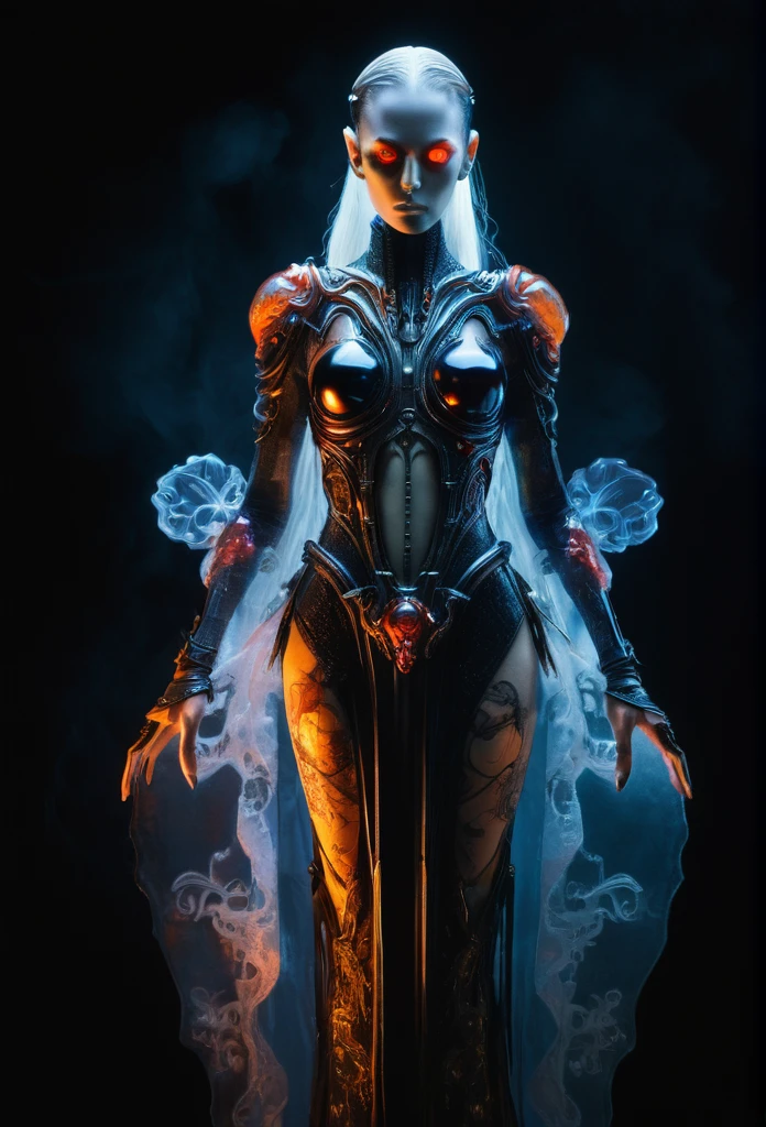 cyberpunk Gaisha Full length view, glowing translucent fantasy glass ghost, cyberpunk Gaisha with baroque floral pattern in orange-red-black-gold color, big eyes, beautiful perfect look, soft body, emitting diodes, shadow play, top view, light, fog, moody, shiny hair, bright, red, purple, blue, cinematic, film light, super detailed, hyper realistic, masterpiece, atmospheric, high definition, bright, high contrast, dark corner, koos roos art, 8k, hdr, 500px, alien layout background, watercolor, artstation trends, sharp focus, studio photo, intricate details, high detail, Greg Rutkowski