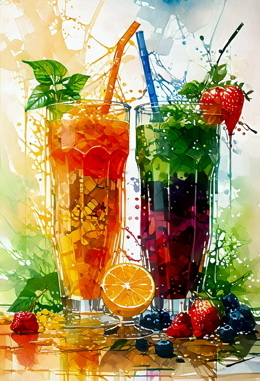 there are two types of colorful healthy drinks served in two glasses, the glasses sitting on a surface, juices, smoothie and infused water , illustration, isolated with solid white background, surrounded with negative space, centered composition, highest detailed painting, very precise line, Isolated, clear solid white background, perspective angle of view, ((watercolor:1.5)), (lora:add-detail-xl:1), (masterpiece), (best quality), no bread on the floor, washed out color, oil and watercolor painting