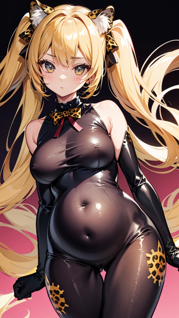 Super precise and super detailed anime illustrations,
pregnant girl,black twintail,Leopard print bodysuit,
Leopard print ribbon,