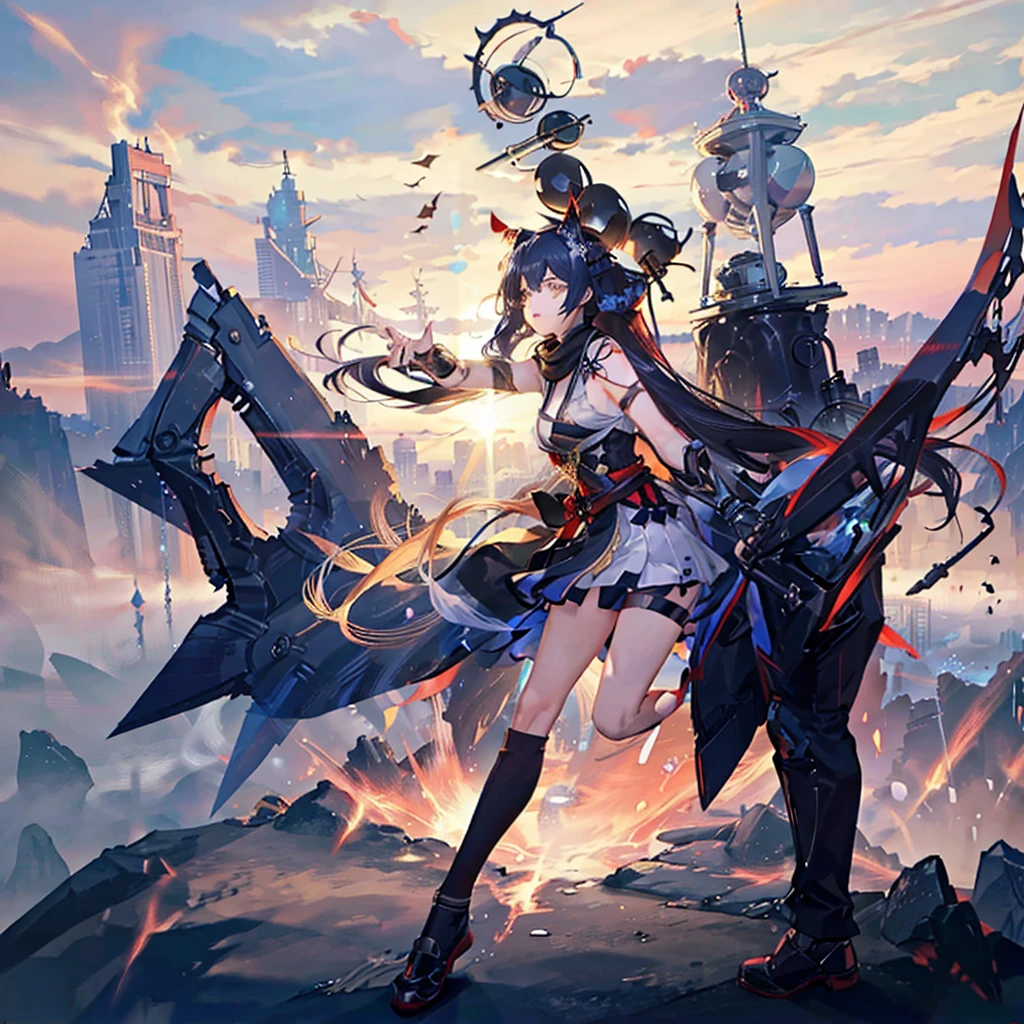 (masterpiece, highest quality), (Detailed Hair), Very detailed, Anime Style, whole body, alone, Concept Art, Science Fantasy Combat Girl, Neck-length black and yellow hair, Golden Eyes, His right hand has been modified into a deadly cybernetic claw.. Cyber Kimono, Torn red scarf, Cyber Horned, Wearing tabi socks, White Background, whole body, Standing in the wasteland,
