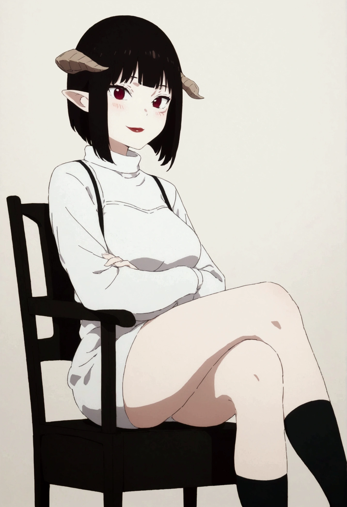 (work of art, ultra detali,high resolution,8K), 1 girl ,standing alone,hinterland,Look to viewer, TochaTortura, trunk,sheen,brunette skin,sitting on a chair,legs crossed,,black socks,horns on head,ssmile,face red,blushed,ssmile,staring overhead,White sweater