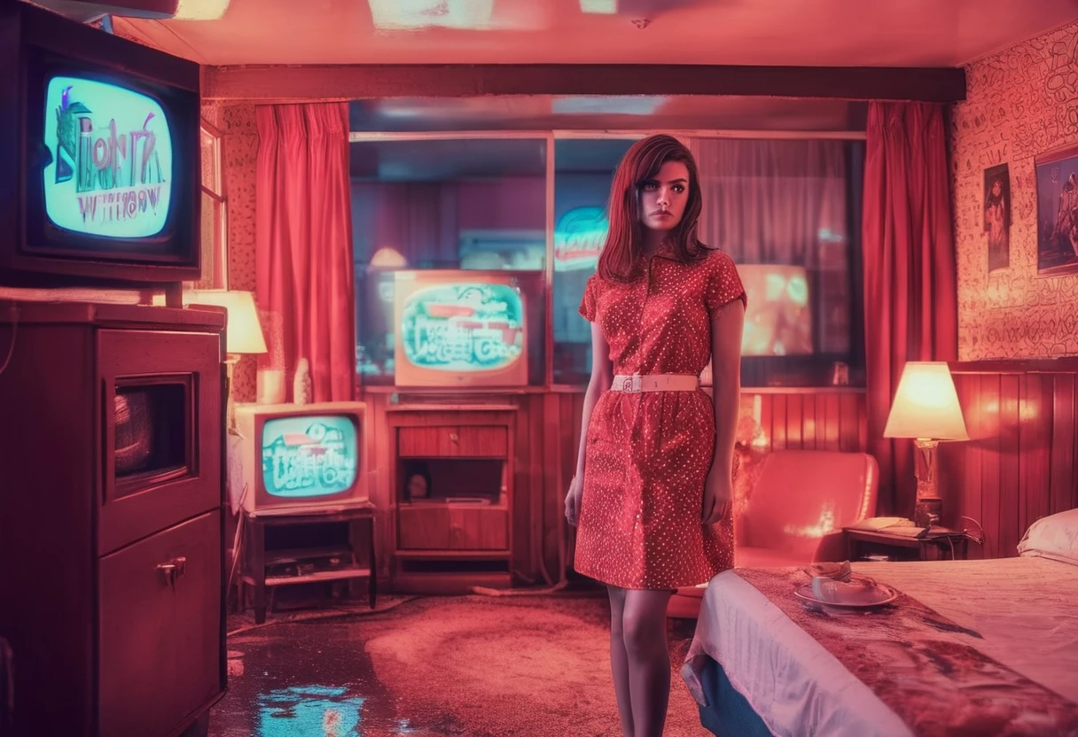 Photo of a young woman standing inside a motel room looking at the camera, from 1960s, red theme, 1960s interior with 1 CRT TV on, a window at her back, New York street at night with pouring rain and neon signs inside the window, night, realistic, cinematic
