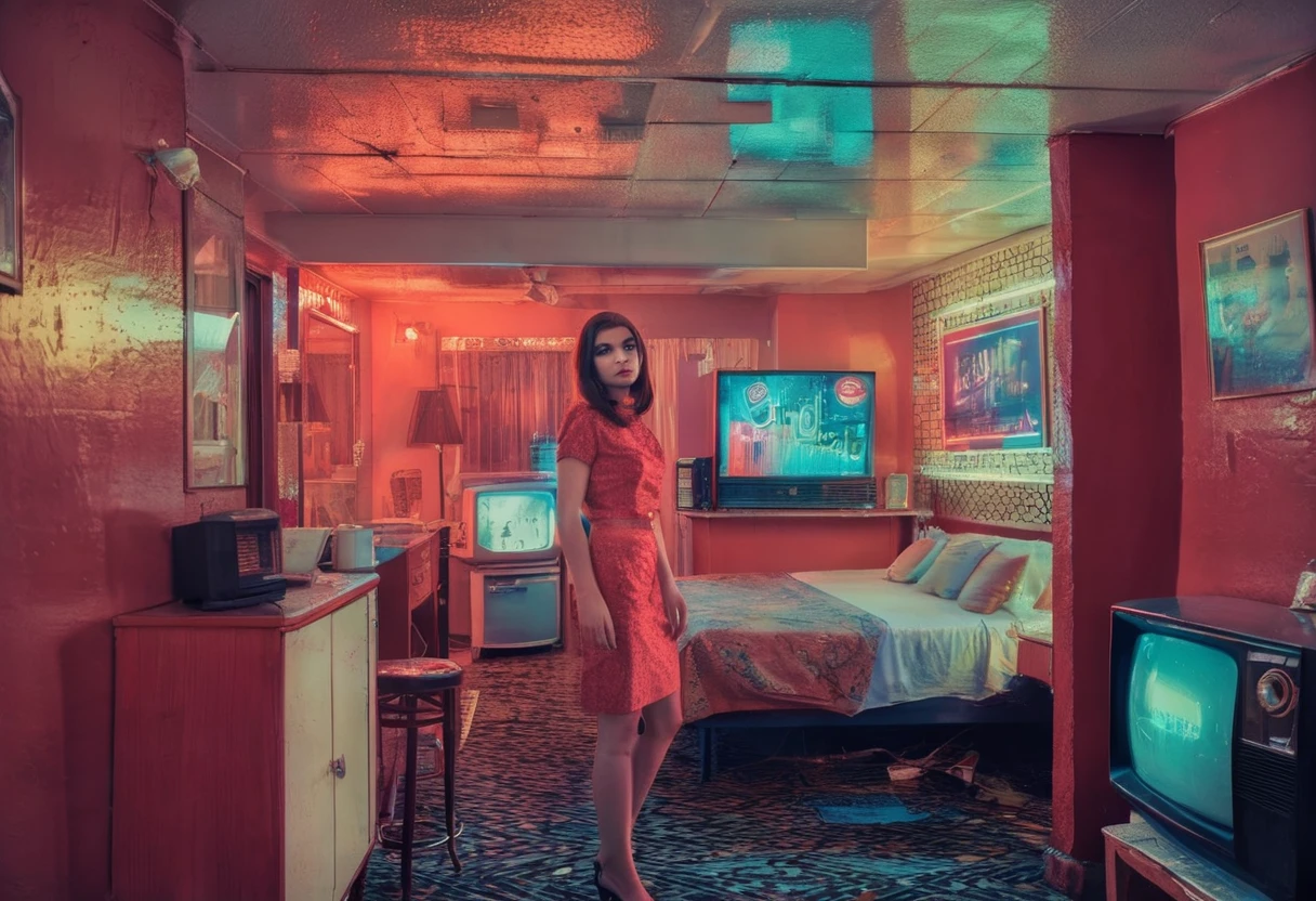 Photo of a young woman standing inside a motel room looking at the camera, from 1960s, red theme, 1960s interior with 1 CRT TV on, a window at her back, New York street at night with pouring rain and neon signs inside the window, night, realistic, cinematic