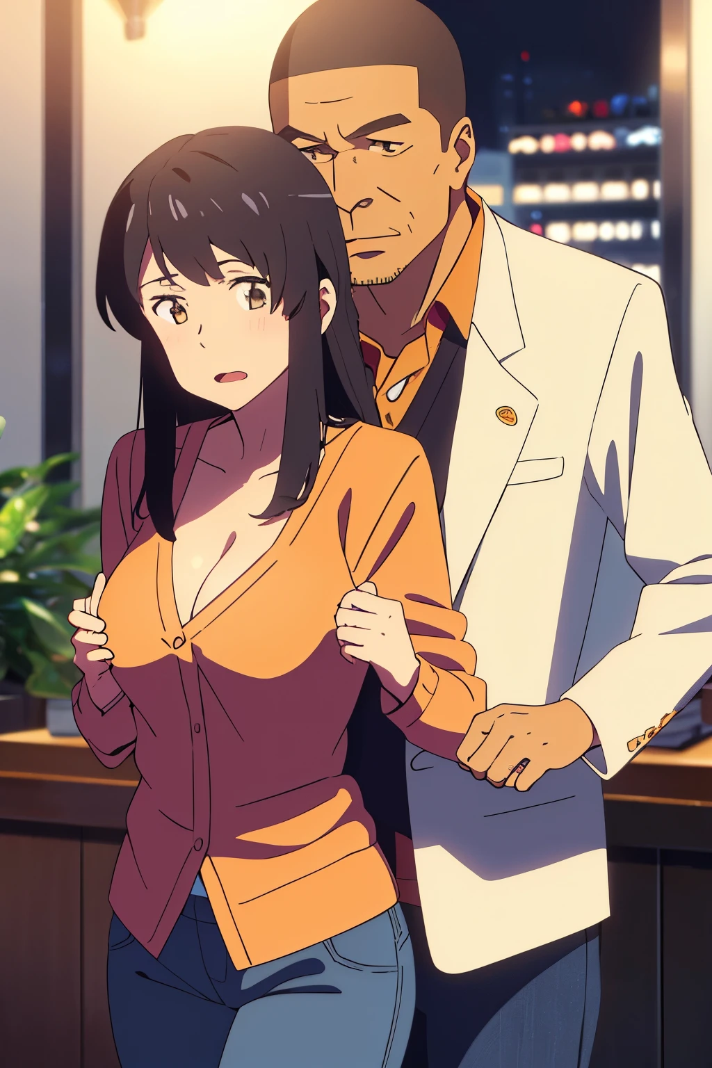 shinkai makoto, kimi no na wa., middle aged man, buzzcut, office suite, wrinkles, mustache, middle aged man touching girl breast,breastgrope from behind, passionate hug, middle aged man is hugging from behind, 1girl, bangs, black hair, brown eyes, open mouth, Twisted Half Up, red ribbon, long hair, long sleeve light yellow cardigan, open shirt, yellow shirt, cleavage, breast, medium breast, Orange shirt, orange jeans, night, indoors, mall, masterpiece, perfect anatomy, cowboyshot,