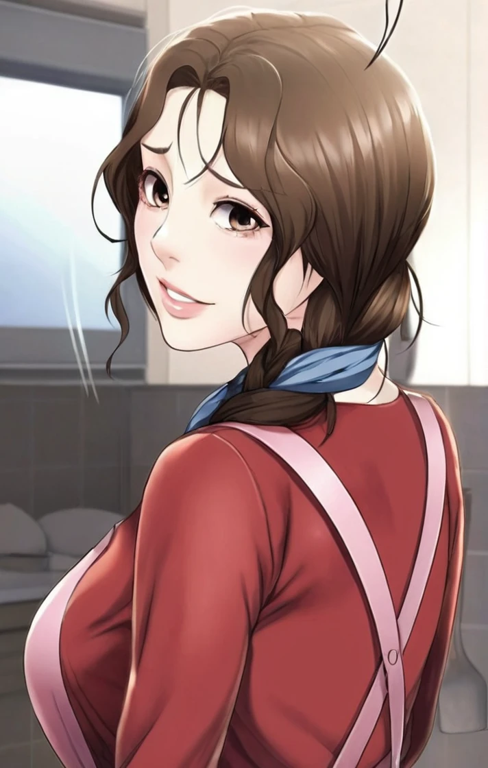 high quality, ultra detailed, masterpiece, realistic, 1girl, mature female, 30 years old, red clothes, pink apron, large breasts, brown hair, single braid, smile, looking at viewer, blue hair tie, ultra high res.photo realistic: 1.4, UDH