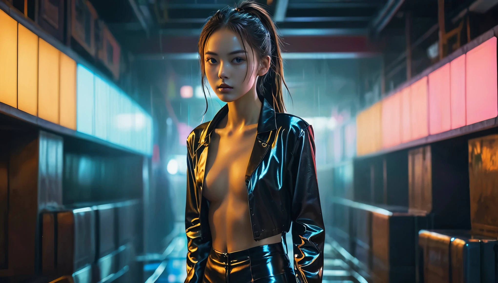 Top Quality, Masterpiece, High Resolution, 8k, (((cute skinny barely legal girl in oversized latex shirt and wetlook leggings, bare belly, wide neckline, deep neckline, small perky breasts, beautiful detailed eyes, beautiful detailed lips, small closed mouth, extremely detailed face, long ponytail hair, small hips))), cyberpunk apartment, moody atmosphere, dramatic and random neon colors, futuristic setting, intricate details, at night, backlit, full body shot, view from distance 