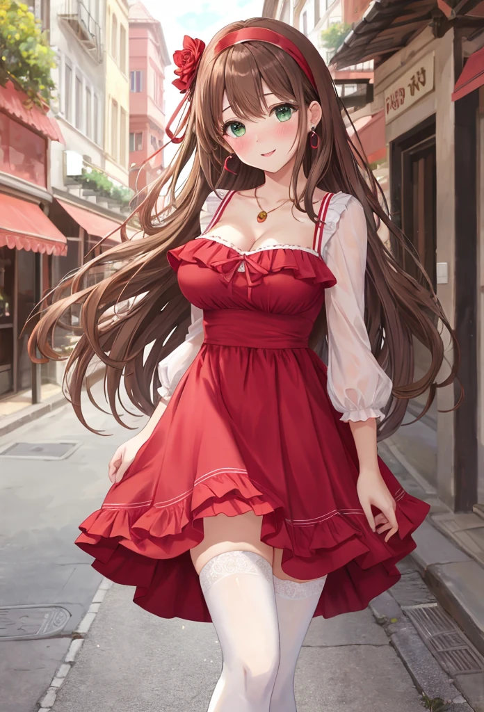 1 beautiful girl in a red dress walking down a street, anime girl, outdoor, street, walk, elegant walking, facing viewer, looking at viewer, head tilt, solo, red dress, long sleeves, dark brown hair, bangs, long hair, wavy hair, expressive hair, shiny hair, jewelry, aqua eyes, pupils sparkling, earrings, nervous smile, headband, pink flower in hair, green eyes, a bright face, light smile, parted lips, nose blush, blush, lovely big round breasts, striped thighhighs, high detail, anime, dithering, pov, perspective, atmospheric perspective, panorama, Wide-Angle, f/1.8, 85mm, Sony FE GM, 8k, super detail, UHD, retina, masterpiece, accurate, anatomically correct, best quality, highres