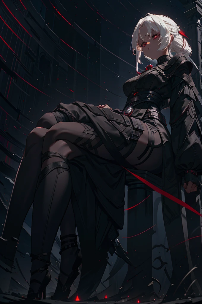 Girl, 20 years old, with long white hair down to below her waist, a serious yet tender expression, and red eyes. Her hair features black streaks. She wears antique-style clothing, a long black dress with a slit on the legs, and high black boots that almost reach her knees. Her power and background are related to shadows and darkness.