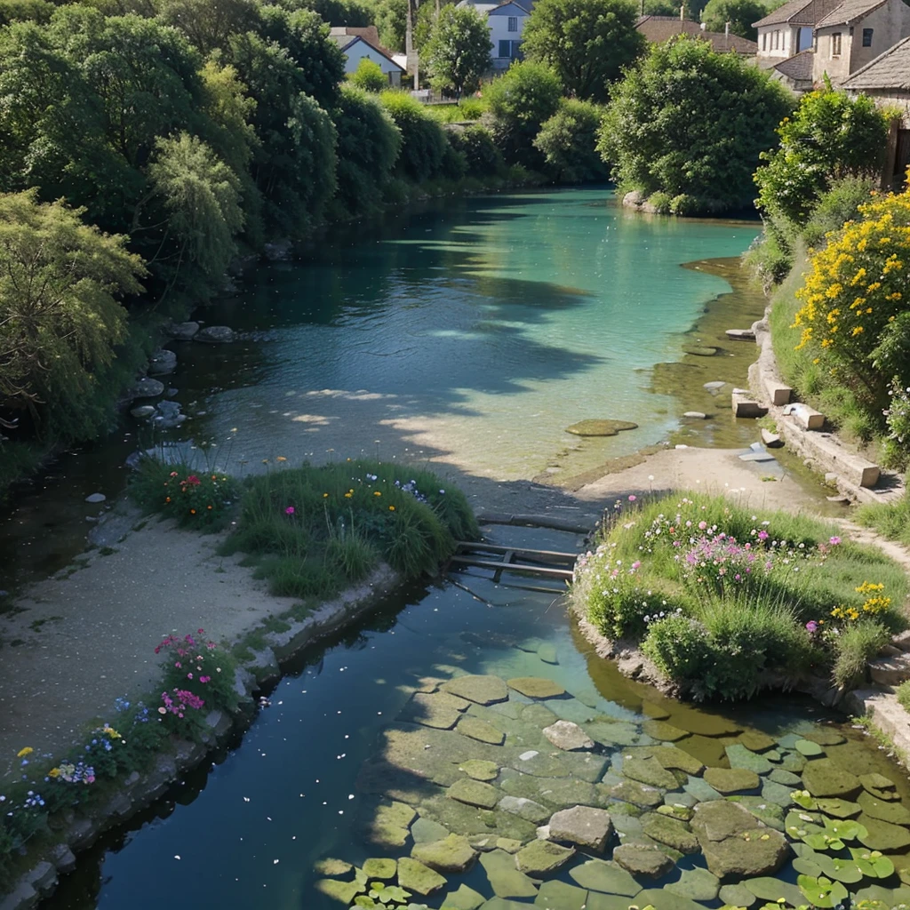 Significant blue sky over of Horizontal view of the small river under the village, some flowers around