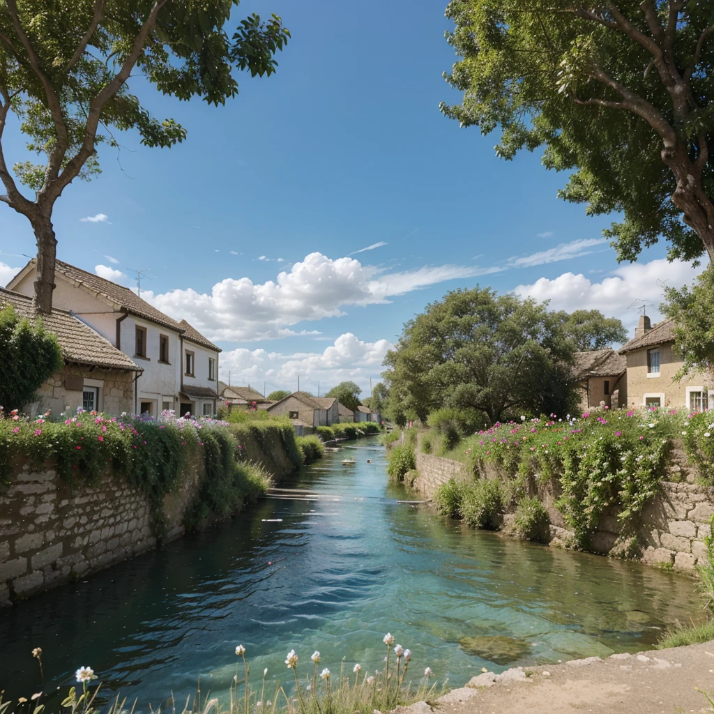Significant blue sky over of Horizontal view of the  small river under the village, some flowers around
