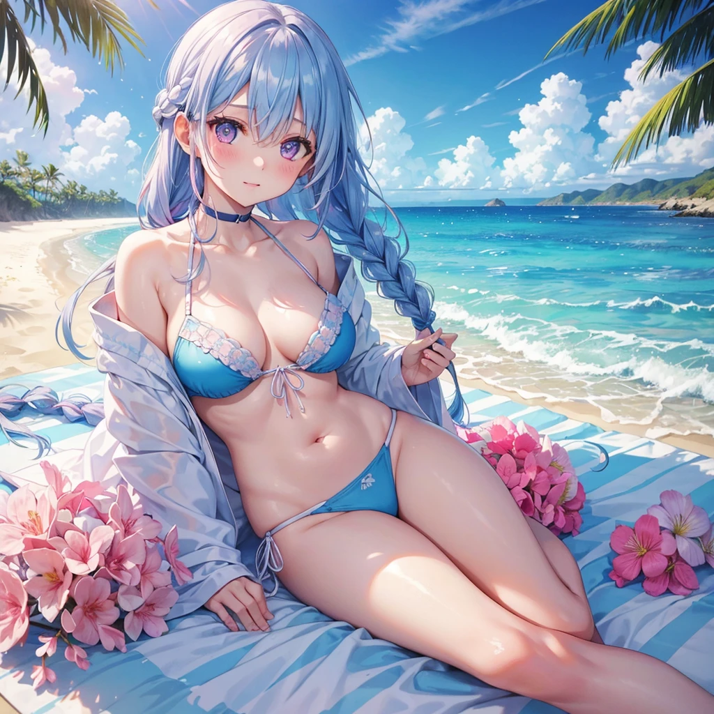 (Sky blue braided hair)、Pink eyes、Fair skin、(whole body)、(One Girl)、bikini、Shining white sand beach in midsummer、Okinawa&#39;s ocean、A happy smile、、(masterpiece、Highest quality、Very detailed、Best Shadow)、(Detailed Background)、(Beautifully detailed face)、High contrast、(Best lighting、Very delicate and beautiful)、((Cinematic Light))、colorful、Hyper Detail、Dramatic Light、Exquisite detail、Jumping and having fun