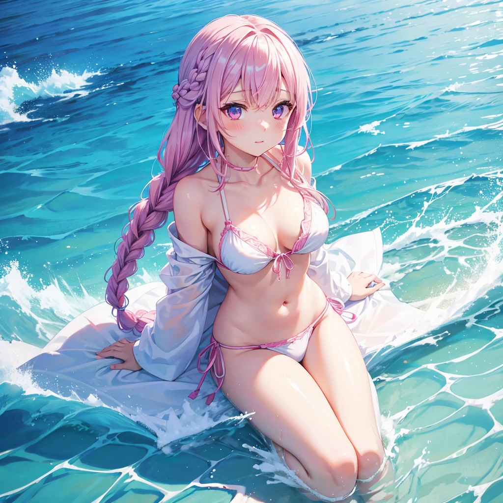 (Sky blue braided hair)、Pink eyes、Fair skin、(whole body)、(One Girl)、bikini、Shining white sand beach in midsummer、Okinawa&#39;s ocean、A happy smile、、(masterpiece、Highest quality、Very detailed、Best Shadow)、(Detailed Background)、(Beautifully detailed face)、High contrast、(Best lighting、Very delicate and beautiful)、((Cinematic Light))、colorful、Hyper Detail、Dramatic Light、Exquisite detail、Jumping and having fun