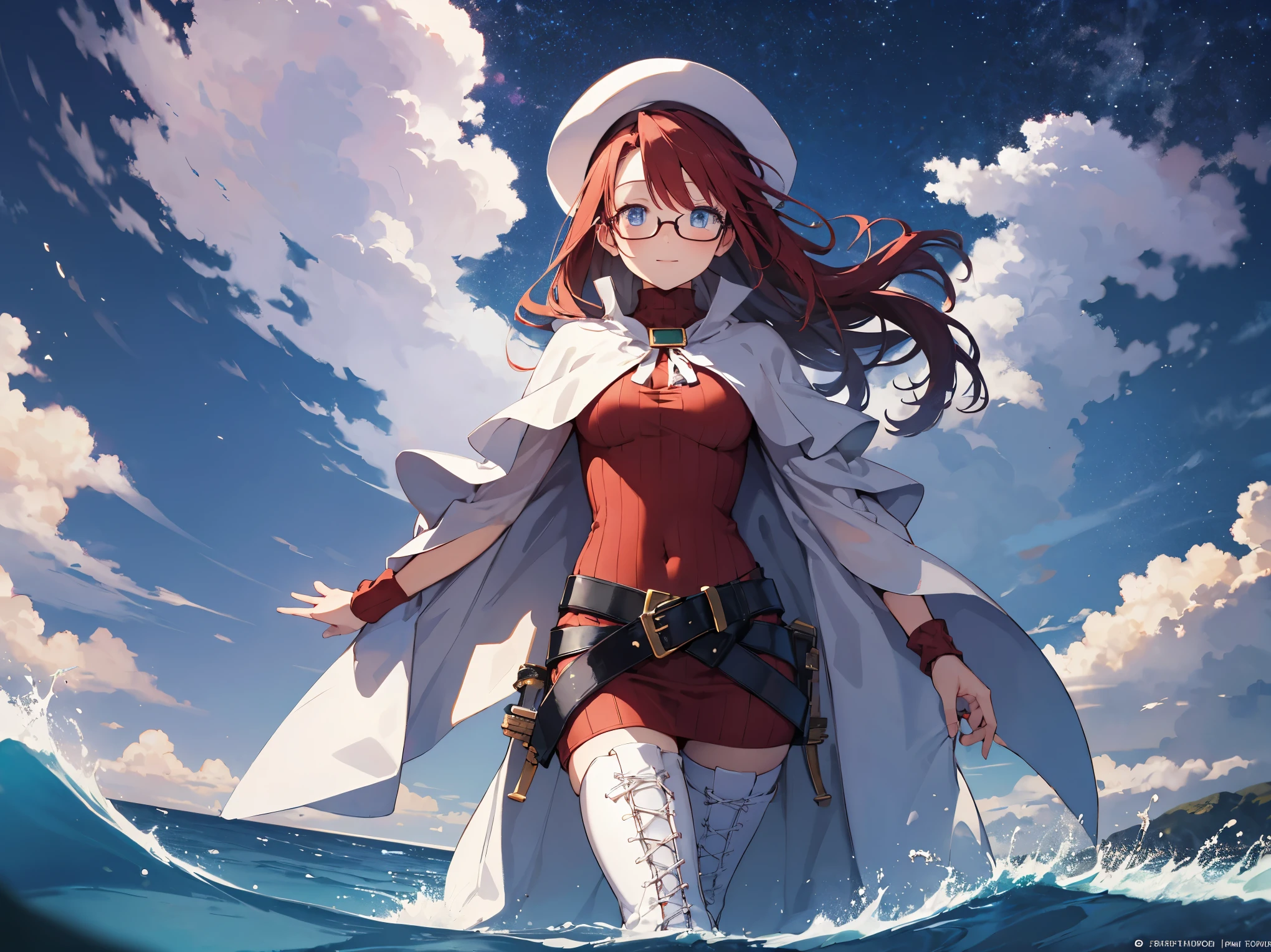 summonnightaty, aty, (young:1.3),long hair, blue eyes, red hair, big_tits, hat, glasses,
BREAK long hair, thighhighs, hat, dress, naked_legs, glasses, belt, cape, sweater, zettai ryouiki, beret, thigh boots, white footwear, ribbed sweater, loose belt,solo,
BREAK outdoors, fantasy,on_beach,
,Highquality_hads,perfect_fingers,
BREAK (masterpiece:1.2), best quality, high resolution, unity 8k wallpaper, (illustration:0.8), (beautiful detailed eyes:1.6), extremely detailed face, perfect lighting, extremely detailed CG, (perfect hands, perfect anatomy),covered_nipples,covered_navel ,half_eyes,long_sword,sleepy_eyes,red_sweater,apart_knees,magical_effect,spread_legs, have_a_book,teacher,rise_knee,Smile,rise_hand,look_down_viewer,spread_arms,sea​_waves,looking_into,blue_sky,plump,open_mouth, dynamic_posing,solo