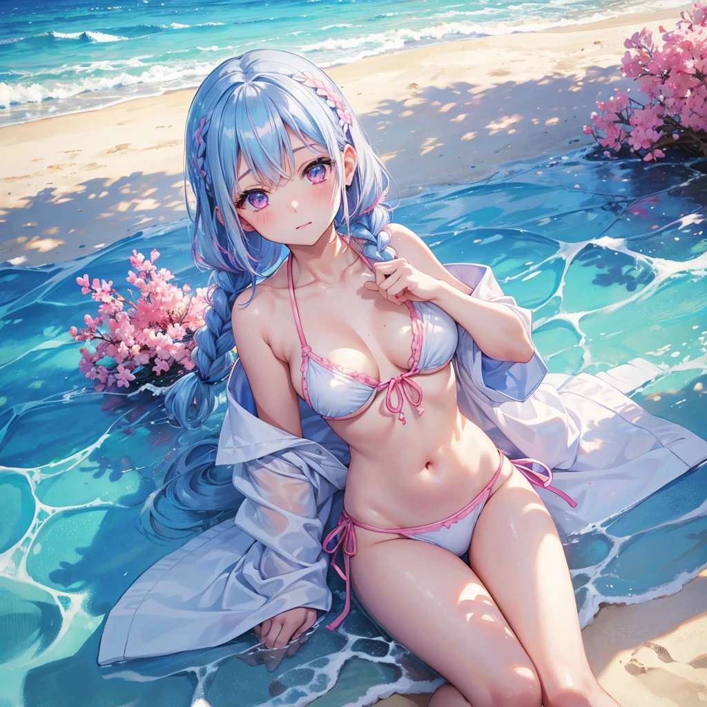 (Sky blue braided hair)、Pink eyes、Fair skin、(whole body)、(One Girl)、bikini、Shining white sand beach in midsummer、Okinawa's ocean、A happy smile、、(masterpiece、Highest quality、Very detailed、Best Shadow)、(Detailed Background)、(Beautifully detailed face)、High contrast、(Best lighting、Very delicate and beautiful)、((Cinematic Light))、colorful、Hyper Detail、Dramatic Light、Exquisite detail、Jumping and having fun
