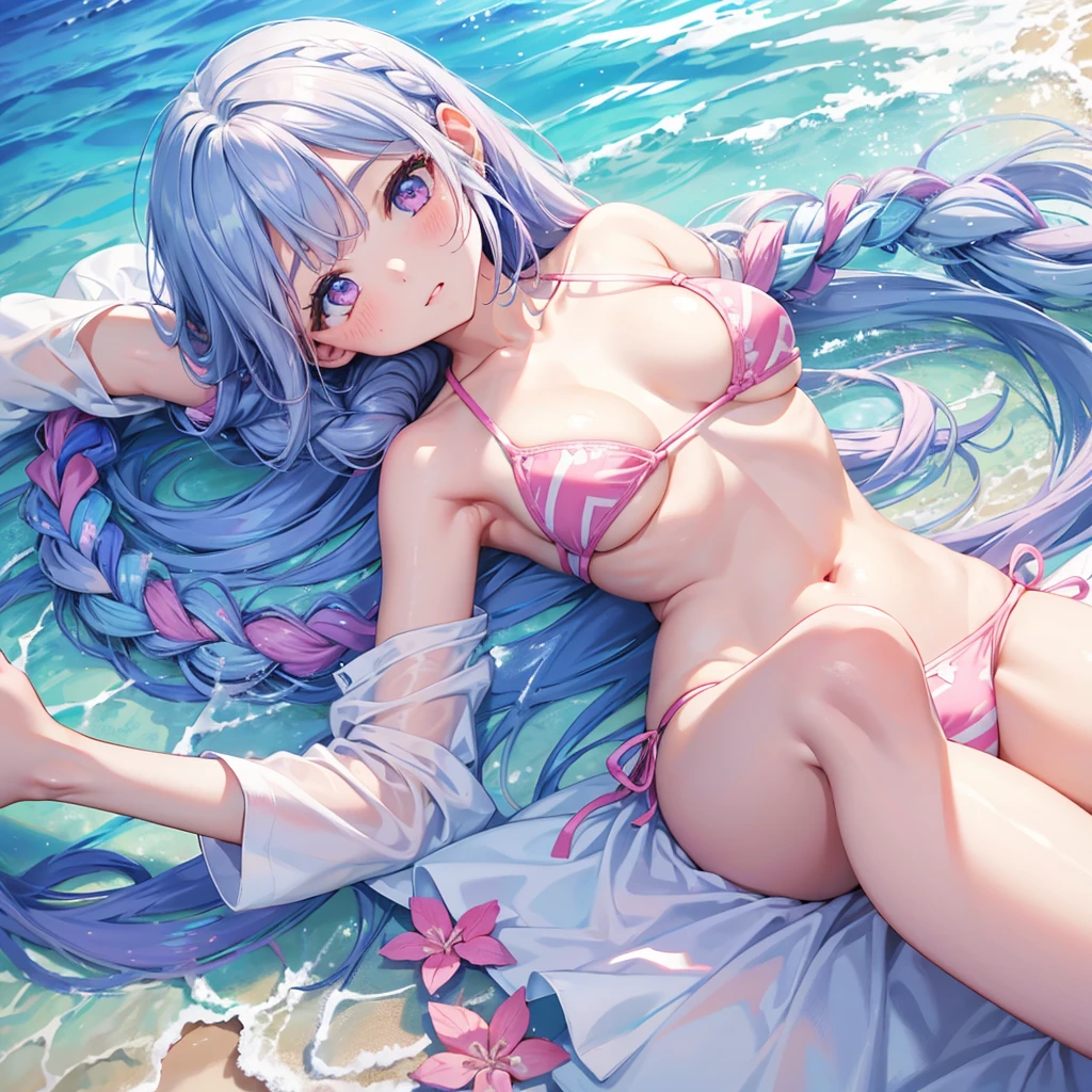 (Sky blue braided hair)、Pink eyes、Fair skin、(whole body)、(One Girl)、bikini、Shining white sand beach in midsummer、Okinawa&#39;s ocean、A happy smile、、(masterpiece、Highest quality、Very detailed、Best Shadow)、(Detailed Background)、(Beautifully detailed face)、High contrast、(Best lighting、Very delicate and beautiful)、((Cinematic Light))、colorful、Hyper Detail、Dramatic Light、Exquisite detail、Jumping and having fun