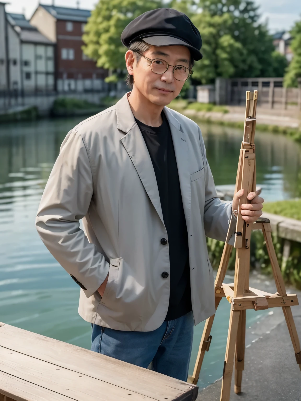 ((A 60-year-old Japanese man. A wooden tripod easel and paintings stand next to him while standing by the Otaru Canal in Hokkaido, Japan. The old warehouse by the canal can be seen in the background... He wears old-fashioned round-rimmed black glasses.Wearing a light gray fisherman hat..But he has the temperament of an artist.painter.)) ((top quality.real photos.masterpiece(CG Unity 8K High Detail Photo.Full body image))..他是一個水彩畫painter.full of artist temperament.Wearing a white shirt and a black jacket.Standing. For photographers.maintain eye contact.with a sincere smile.