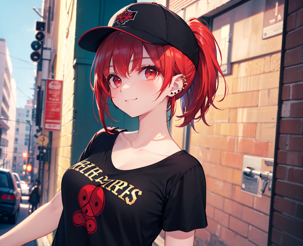 (Close-up:1.3),Realistic,Highest quality, Ultra Detail, High-quality CG rendering, The most delicate and beautiful, Floating softly, High resolution, (1 girl), (Highest quality,4K,8K,masterpiece:1.2),(All red hair:1.5), (ponytail:1.5),(Red eyes:1.5),(Slightly larger breasts:1.2), (Oversized black short sleeve t-shirt:1.3),(Black skinny jeans:1.3),(Black baseball cap:1.3),In the city,old buildings,Are standing,smile,(Piercing in left ear:1.3)
