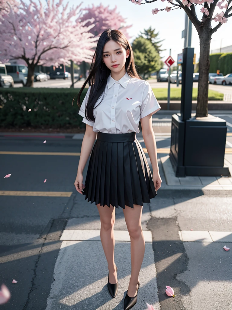1girl, black skirt, branch, building, chain-link fence, cherry blossoms, fence, long hair, outdoors, petals, pleated skirt, rain, shirt, short sleeves, skirt, solo, standing, tree,
sky,street,Raw, cinematic shot, (sharp focus:1.5), (photorealistic:1.4), twilight lighting, volumetric lighting, ultra high res, 16K,dramatic lighting,