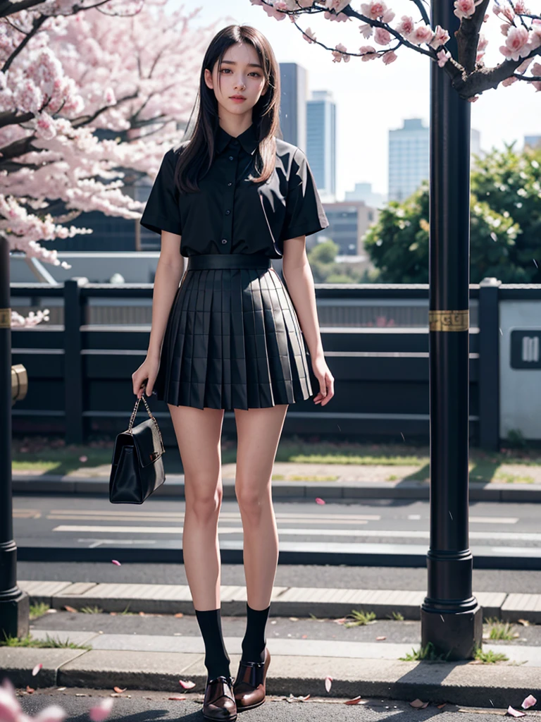 1girl, black skirt, branch, building, chain-link fence, cherry blossoms, fence, long hair, outdoors, petals, pleated skirt, rain, shirt, short sleeves, skirt, solo, standing, tree,
sky,street,Raw, cinematic shot, (sharp focus:1.5), (photorealistic:1.4), twilight lighting, volumetric lighting, ultra high res, 16K,dramatic lighting,