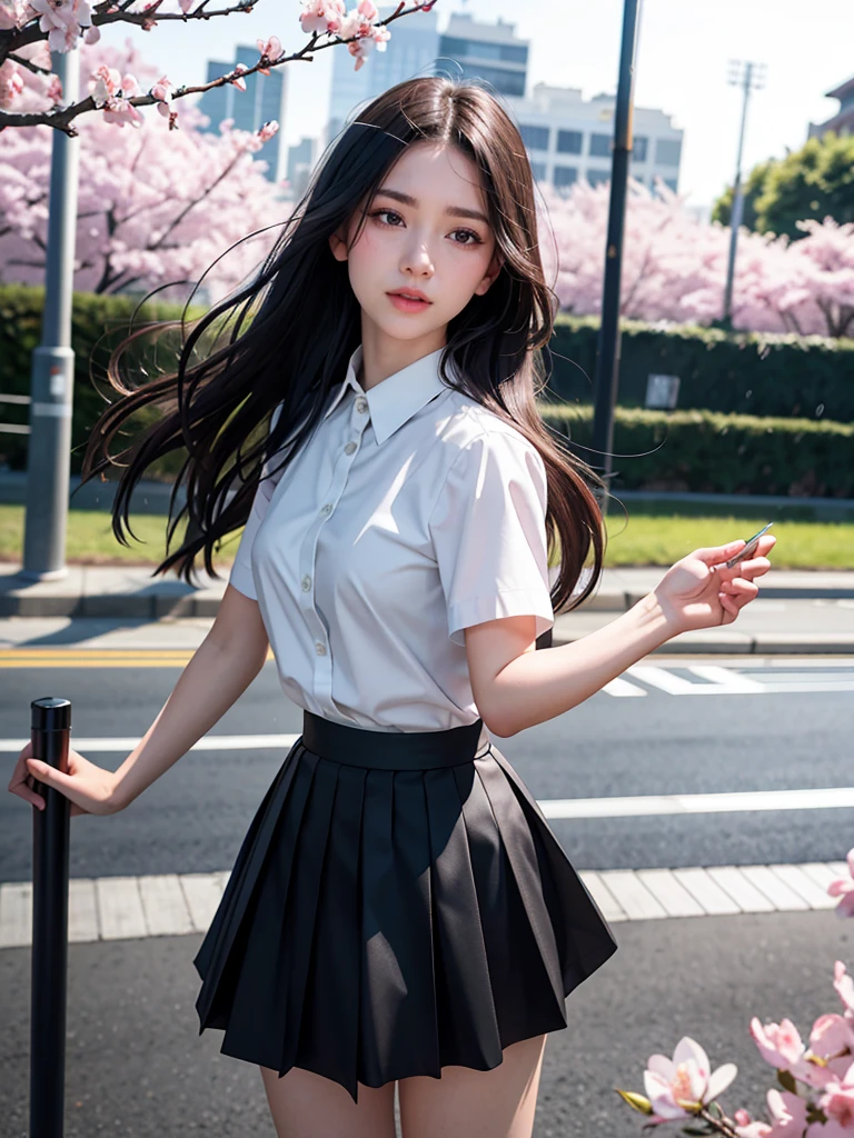 1girl, black skirt, branch, building, chain-link fence, cherry blossoms, fence, long hair, outdoors, petals, pleated skirt, rain, shirt, short sleeves, skirt, solo, standing, tree,
sky,street,Raw, cinematic shot, (sharp focus:1.5), (photorealistic:1.4), twilight lighting, volumetric lighting, ultra high res, 16K,dramatic lighting,