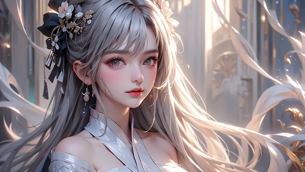 super high quality, masterpiece, Perfect illustration, Very detailed (Exquisite light and shadow, Very dramatic photo,Backlight) , ((Gray Hair:1.5))1 Girl,(( alone:1.6)), (Wearing Han clothes, Black and white Hanfu,Monotony,Long sleeve) (White smoke:1.3) (Realistic:1.4), Official Art, unity 8k wallpaper, Very detailed, Beautiful and beautiful, masterpiece, Highest quality, (Dynamic Angle: 1.4), Glowing Skin, (Floating colorful flashes: 1) The most beautiful chaotic shapes, elegant, Brutalist Design, Bright colors, Romantic Depth of Field Exotic_dance, half_naked、Expose your shoulders、Ample breasts、Great cleavage、Lean forward