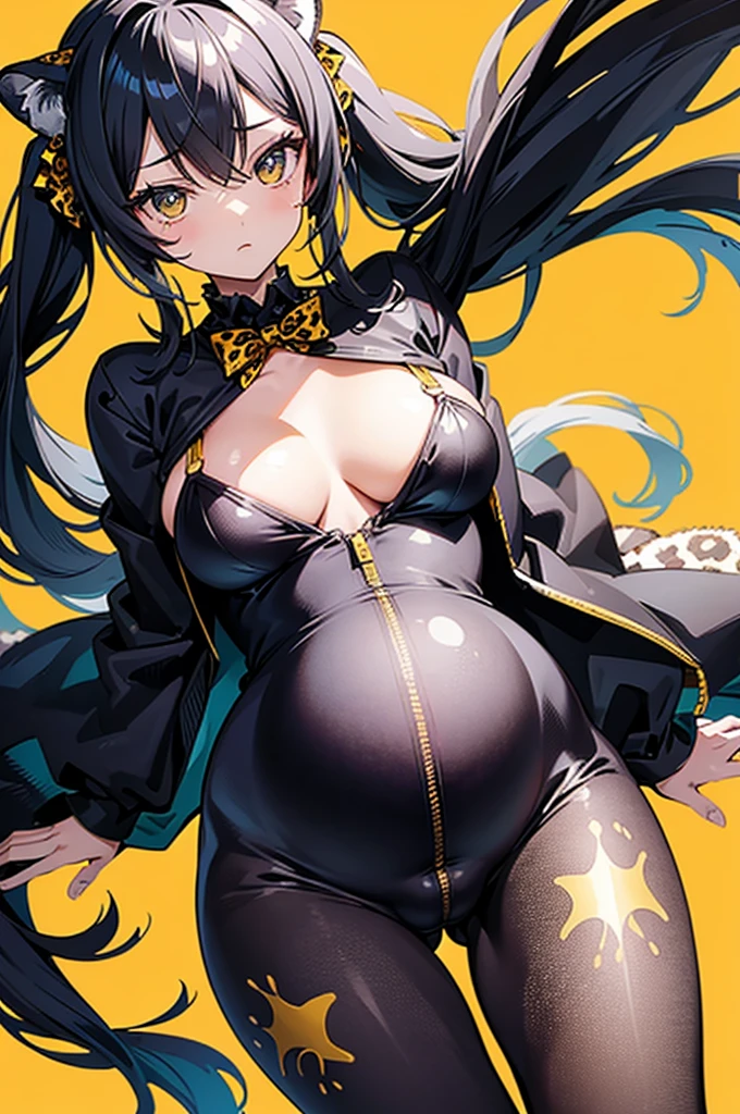 Super precise and super detailed anime illustrations,
pregnant  girl,black twintail,Leopard print bodysuit,
Leopard print ribbon,