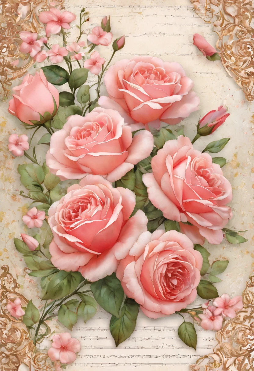 (((masterpiece))), (((Highest quality))), ((Super detailed)), (Highly detailed CG illustrations), ((非常にdelicateで美しい)), (overhead shot),(最高masterpiece:1.4),delicate,8k,( Background Pages:1.4),race,Lots of ribon,Shabby chic, roses,(gypsophila),(VINTAGE light salmon SCRAPPY PAPERS), a selection of pretty pages with flowers that will work with,((Digital Paper:1.4)),Stamperia,(DAPHNE’S DIARY:1.4),Watercolor