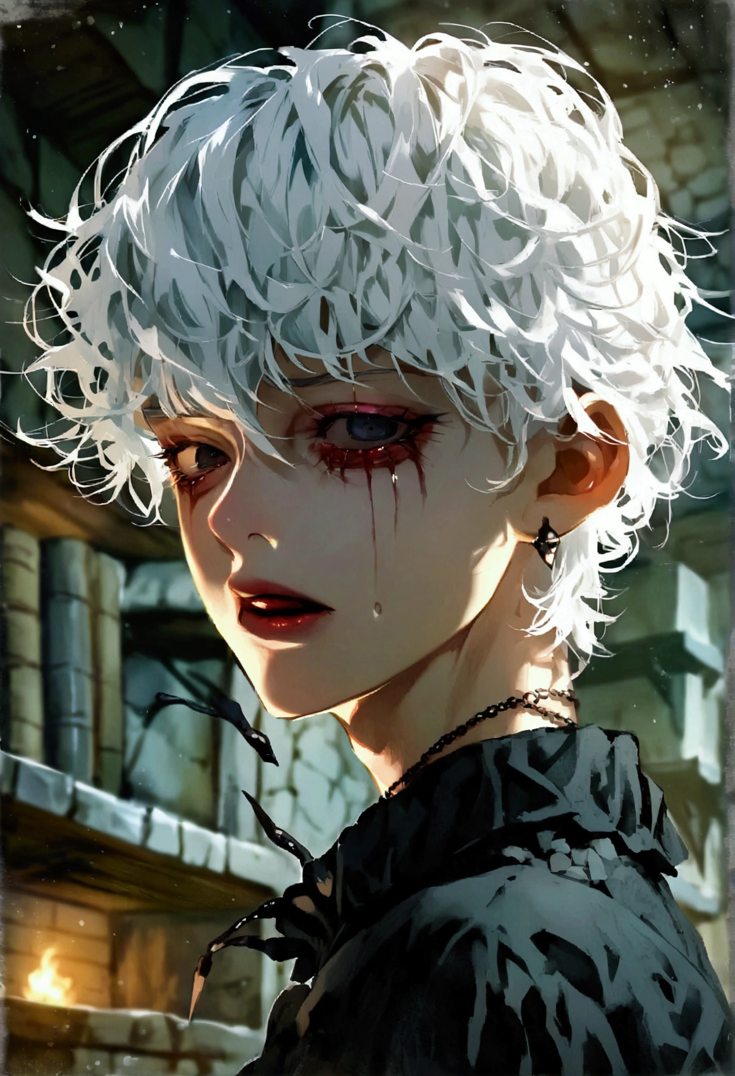 Boy with wavy white hair,black eyes, with gothic style, pale skin, in a basement, with a psychopathic expression.