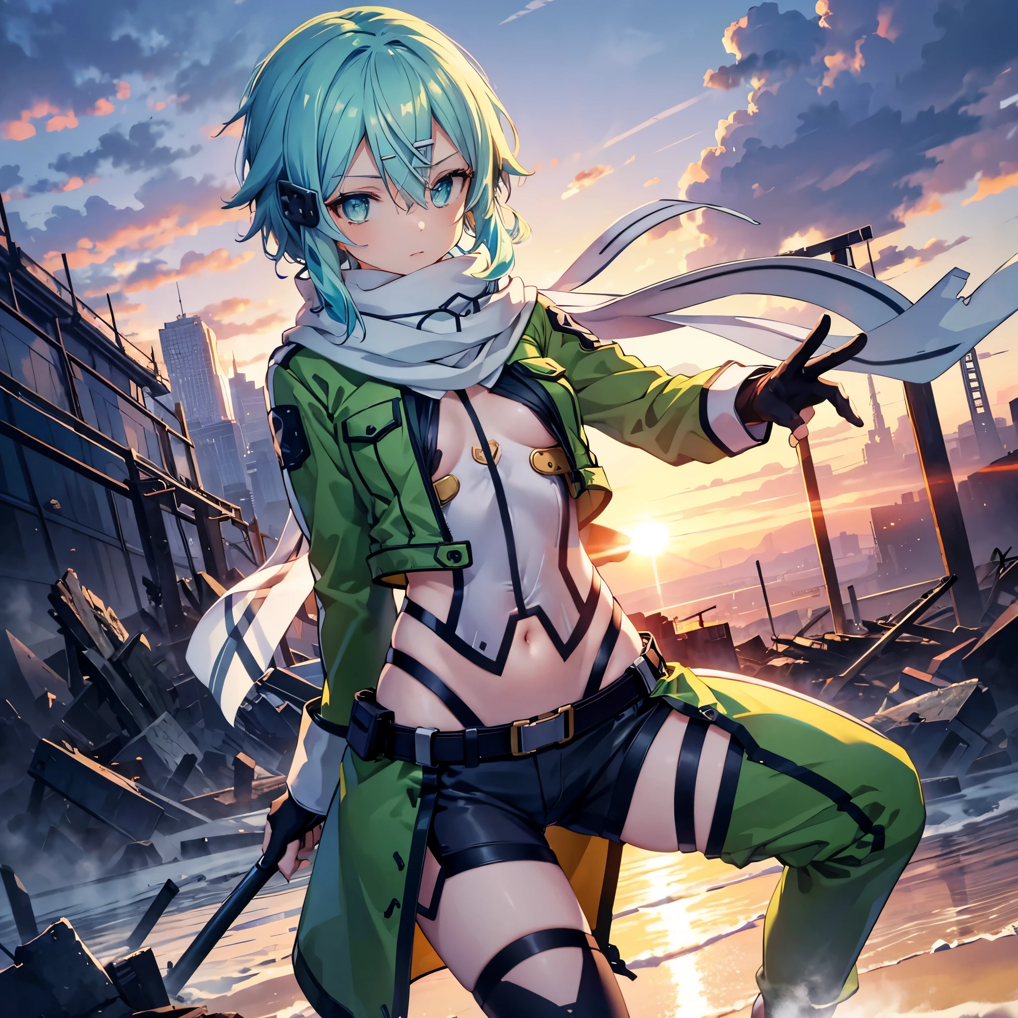 (masterpiece), best quality, expressive eyes, perfect face, highres, sinon1, scarf, fingerless gloves, long sleeves, short shorts,groin, hair ornament, hairclip, green thighhighs, green jacket,covered_nipples, thigh strap, field, sunset_ruins background, ruined structures, dynamic_posing, looking at the viewer, covered_navel,covered_nipples,