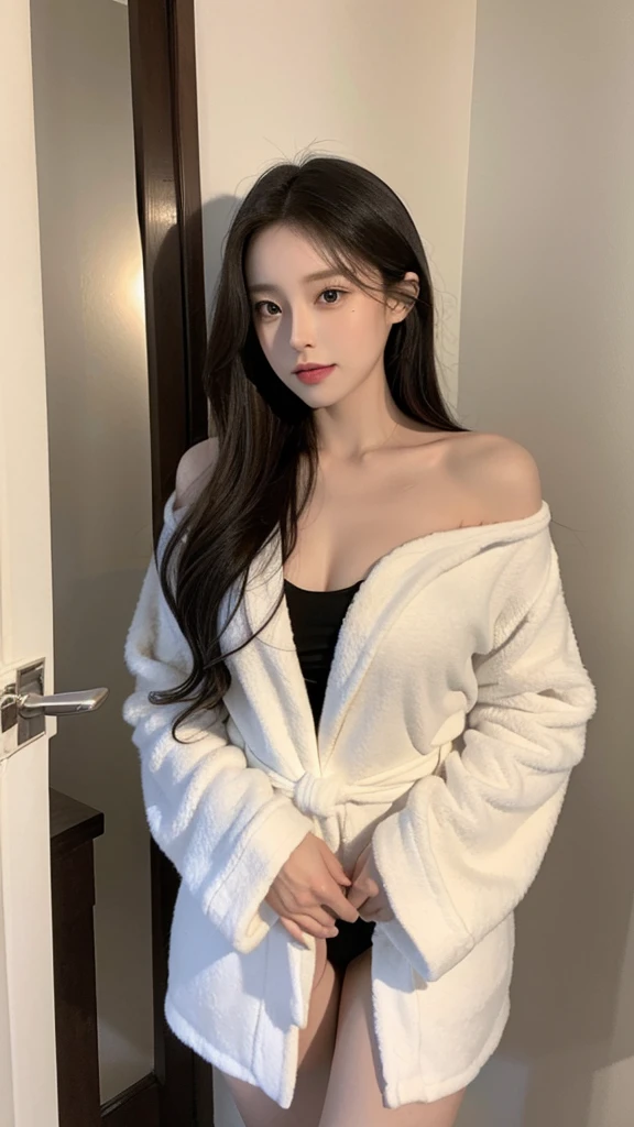 best quality,28 year old woman,Lips are small and thick,Chest circumference 96cm,waist 59cm,hips 94cm,Hair is wet after bathing,no underwear,wearing a bathrobe,Her shoulders are slightly visible through her bathrobe.,My thighs are a bit thick,looking at the camera,Cinema Lighting,The room is a little dark,