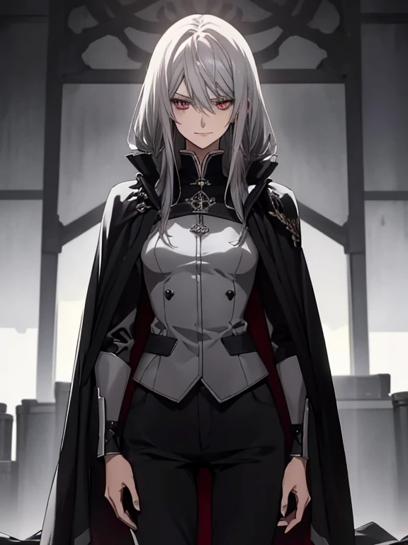 (Confused, High resolution, Very detailed), 1 female, Silver Hair,Long Hair,Crimson Eyes,Blue and black military uniform,24th generation,beauty,mature,thin,quiet,Calm,A small smile,Long Cape,Slender and thin,,skinny pants,grassland,Small breasts,