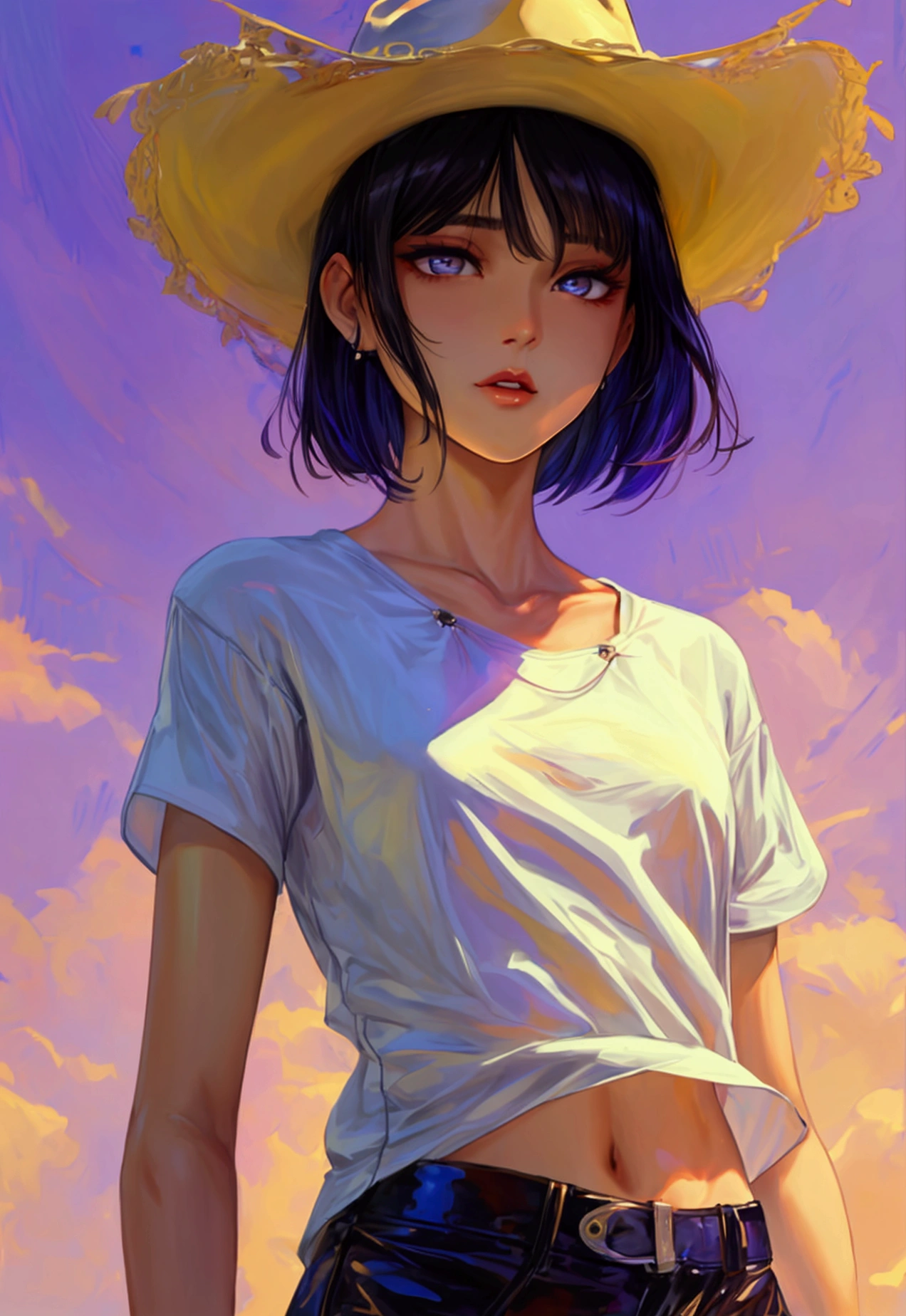 masterpiece, highly detailed, highest quality, high resolution, super precise, (1 girl), plain oversized Tee-shirt, plain sheer colored waist high pantyhose,, flawless skin, inky black dark violet hair, pixie cut hairstyle, sharp facial features, young 16 year old ager, sharp facial features, high bridged nose, medium height(178cm), cowboy shot, slender and slim body with ample curves, velvet colored eyes,