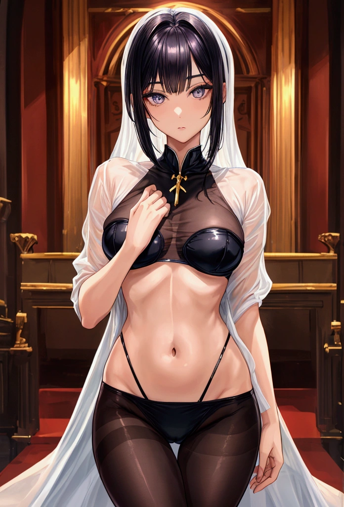 masterpiece, highly detailed, highest quality, high resolution, super precise, (1 girl), plain oversized Tee-shirt, plain sheer colored waist high pantyhose,, flawless skin, inky black dark violet hair, pixie cut hairstyle, sharp facial features, young 16 year old ager, sharp facial features, high bridged nose, medium height(178cm), cowboy shot, slender and slim body with ample curves, velvet colored eyes,
