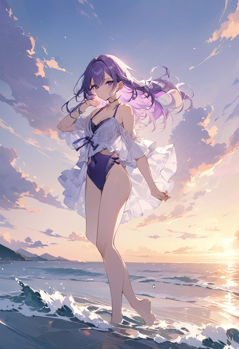 Kate。Purple Eyes。Purple Hair。Purple Swimsuit。barefoot。Ocean