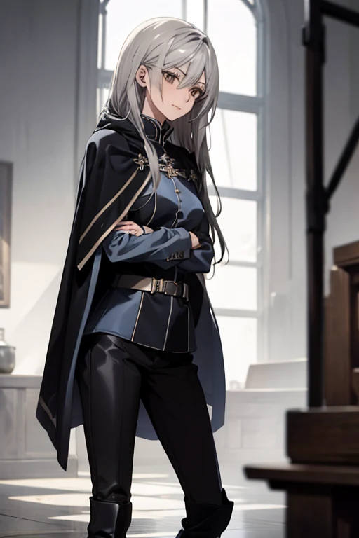 (Confused, High resolution, Very detailed), 1 female, Silver Hair,Long Hair,Reddish brown eyes,Blue and black military uniform,24th generation,beauty,mature,thin,quiet,Calm,A small smile,Long Cape,Slender and thin,Knee-high boots,skinny pants,Hanger,Small breasts,thin身体,Are thin
