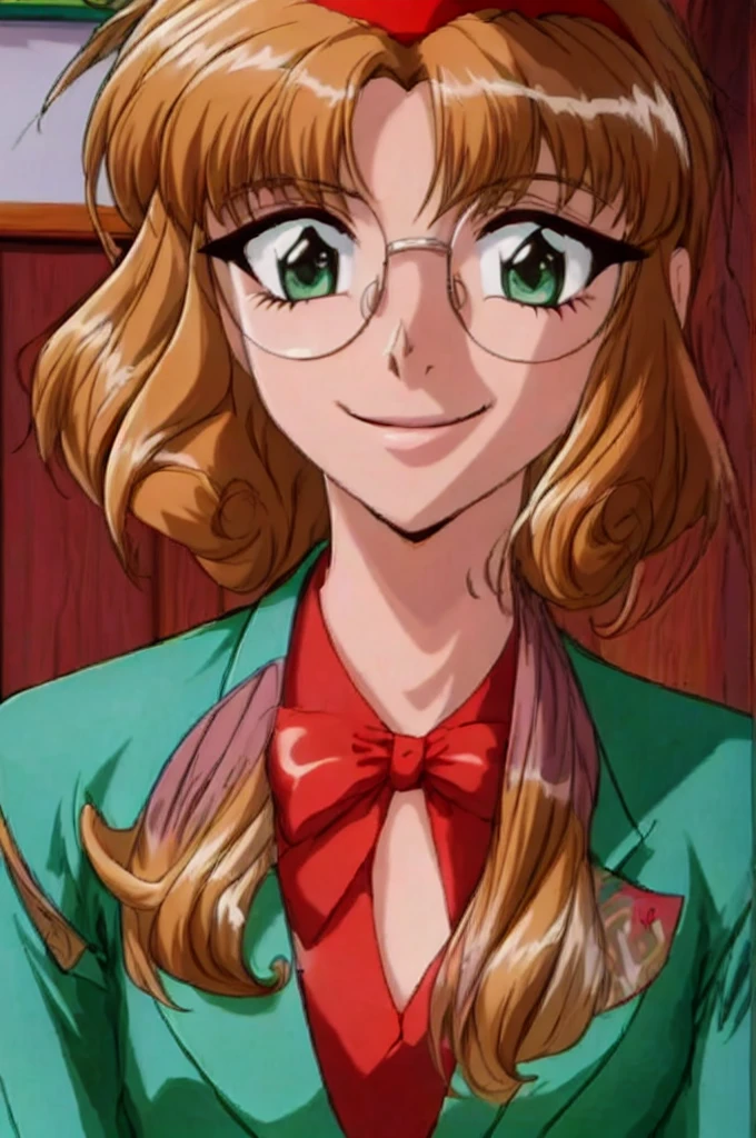 fuu hououji,1girl,short hair,light brown hair,Glasses,((red hairband)),green blazer,mini skirt,smile,masterpiece,Noise Reduction,perfect anatomy,high resolution, ultra-detailed,game cg,dutch angle ,beautiful detailed eyes,visualart,five fingers, perfect hands, perfect lighting,Indoor, living room