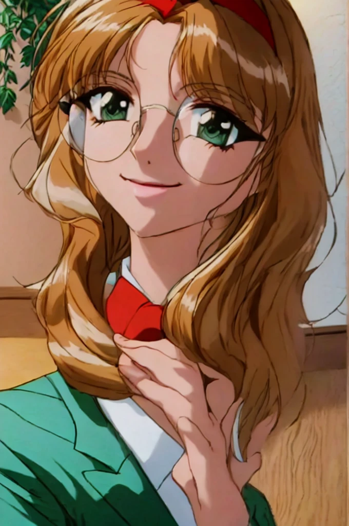 fuu hououji,1girl,short hair,light brown hair,Glasses,((red hairband)),green blazer,mini skirt,smile,masterpiece,Noise Reduction,perfect anatomy,high resolution, ultra-detailed,game cg,dutch angle ,beautiful detailed eyes,visualart,five fingers, perfect hands, perfect lighting,Indoor, living room