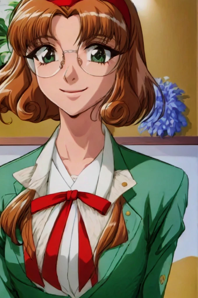 fuu hououji,1girl,short hair,light brown hair,Glasses,((red hairband)),green blazer,mini skirt,smile,masterpiece,Noise Reduction,perfect anatomy,high resolution, ultra-detailed,game cg,dutch angle ,beautiful detailed eyes,visualart,five fingers, perfect hands, perfect lighting,Indoor, living room