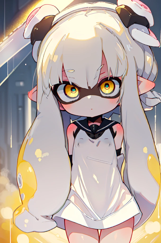 Sun glare, Bokeh, Depth of written boundary,Particles of light, Strong winds,
Upper Body,alone,One Splatoon girl,
Long tentacle hair,White tentacle hair,
Golden Eyes, The brilliance of beautiful eyes、
Expressionless,
No sleeve,White mini dress,small breasts, masterpiece, Highest quality, High resolution, Real Anime,