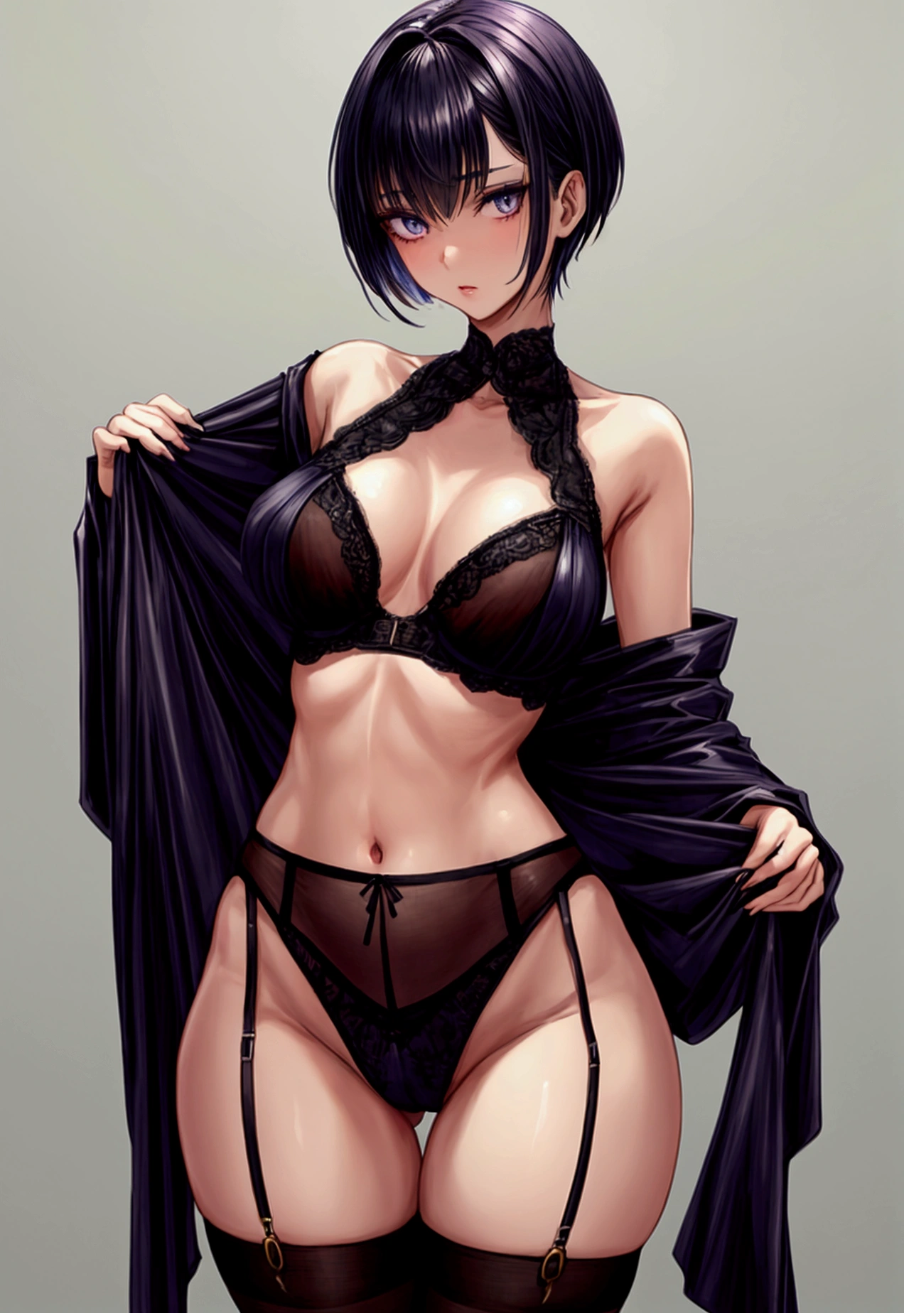 masterpiece, highly detailed, highest quality, high resolution, super precise, (1 girl), plain oversized Tee-shirt, plain sheer colored waist high pantyhose,, flawless skin, inky black dark violet hair, pixie cut hairstyle, sharp facial features, young 16 year old ager, sharp facial features, high bridged nose, medium height(178cm), cowboy shot, slender and slim body with ample curves, velvet colored eyes, (no lingerie), (no panties)