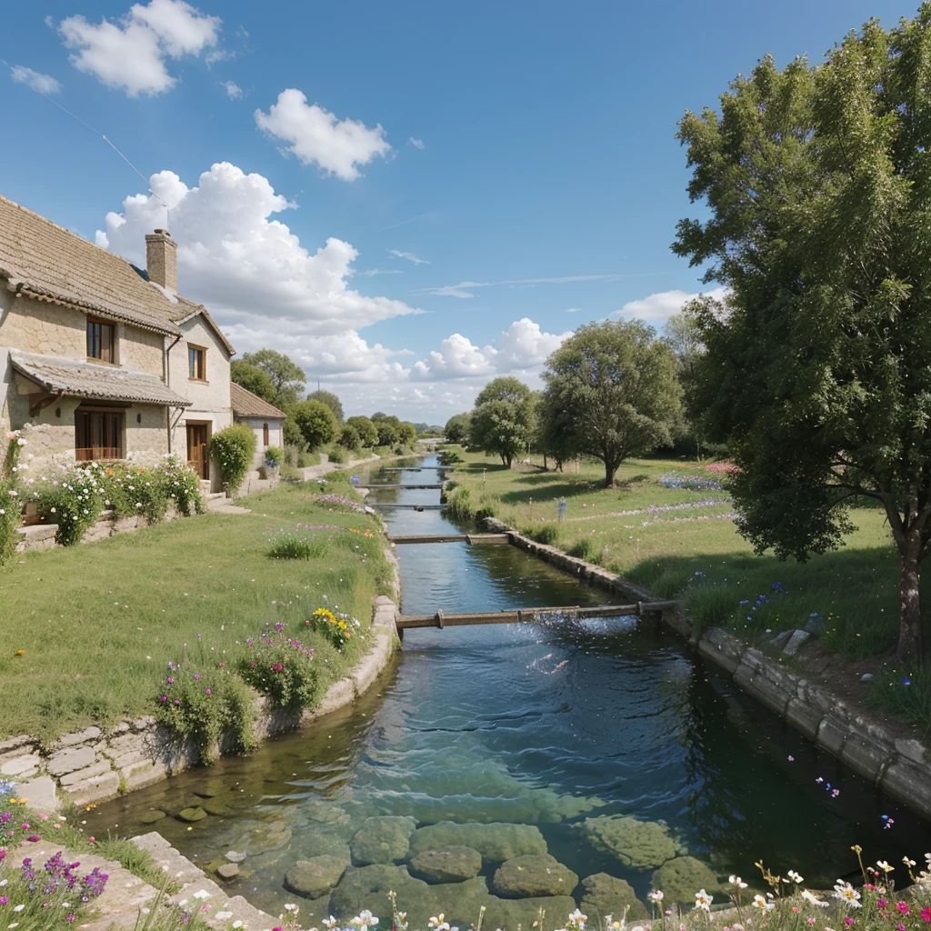 Significant blue sky over of Horizontal view of the  small river under the village, some flowers around