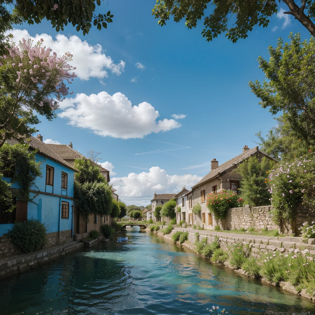 Significant blue sky over of Horizontal view of the small river under the village, some flowers around