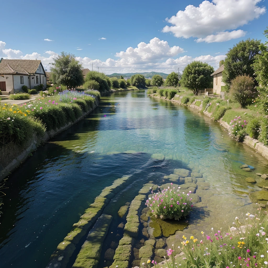 Significant blue sky over of Horizontal view of the small river under the village, some flowers around